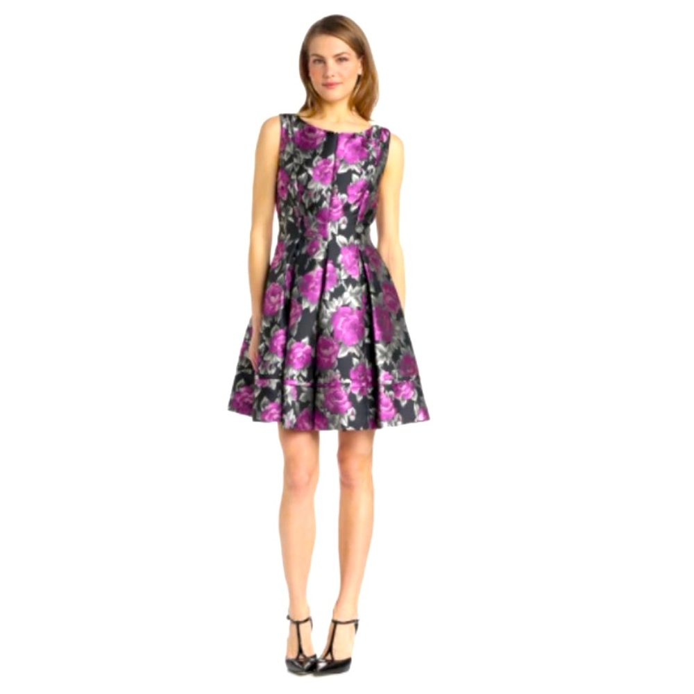 Eliza J Black Floral Fit-and-Flare Dress with Purple Roses